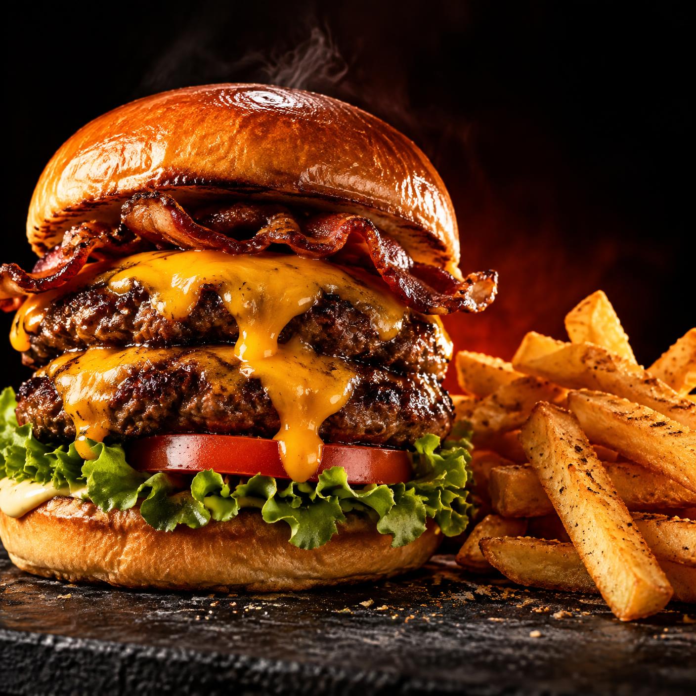 Hambúrguer artesanal com cheddar, bacon e fritas crocantes do Totó Lanches